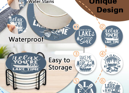 Paayna Blue Lake Life Ceramic Coasters with Holder Set of 6