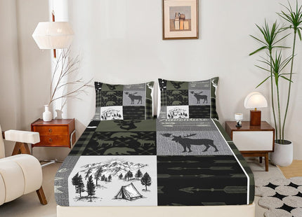 Hunting Rustic Lodge Bed Sheet Twin, Deer Bear Patchwork Sheet Set Retro Cabin Lodge Fitted Sheet For Kids Teens Adult Men, Camping Moose Elk Flat Sheet 3 Pieces With 1 Pillow Case, Grey Black