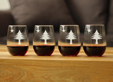 Bevvee Old Maine Flag Stemless Wine Glass for Mainers - 17 oz - Set of 4