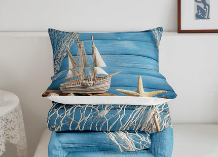 Erosebridal Coastal Comforter Sets Ocean Bedding King for Girls Boys Kids Teens, Starfish Conch Bedding Comforters & Sets Sailboat Duvet Set, Nautical Theme Quilt Set Blue Retro Farmhouse Decorations