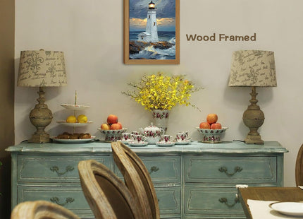 Moarmxiy Blue Ocean Island Lighthouse Wall Art, 24x16inch Wood Framed