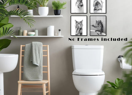 LUKIPOM Funny Squirrel Bathroom Wall Art Prints 8x10 Set of 4, Funny Squirrel Wall Art Posters for Bathroom Washroom Restroom Decor, Unframed