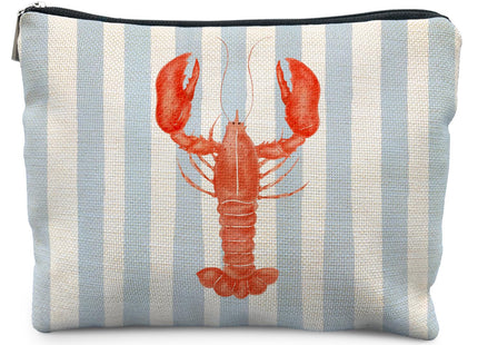 KBRCT Beach Red Lobster Makeup Bag for Women, Lobster Gifts, Coastal Ocean Beachy Nautical Cosmetic Bag for Purse, Blue and White Striped Crawfish Makeup Zipper Pouch
