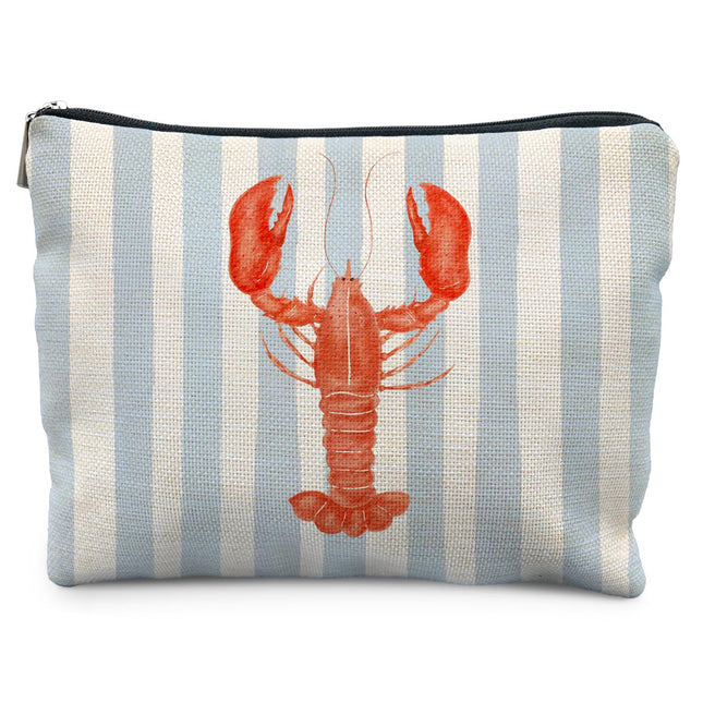 KBRCT Beach Red Lobster Makeup Bag for Women, Lobster Gifts, Coastal Ocean Beachy Nautical Cosmetic Bag for Purse, Blue and White Striped Crawfish Makeup Zipper Pouch