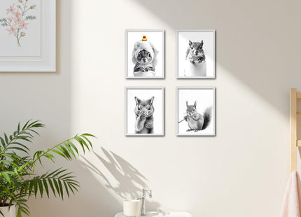 OFJE Funny Squirrel Wall Art Decor Prints Set of 4, Funny Squirrel Posters Pictures Wall Decor for Bathroom Washroom Restroom, 8x10 Unframed