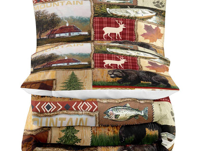 LUVIVIHOME 2PCS Cabin Comforter Set Twin Size, Bear Fish Deer Elk Moose Forest Animal Wildlife Hunting Fishing Red Buffalo Plaid Patchwork Quilt Country Lodge Rustic Farmhouse Bedding, 1 Pillow Sham