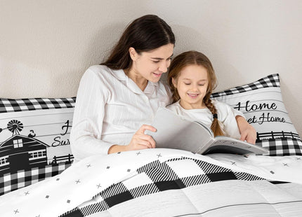 Rustic Cabin Comforter Set Twin Country Farmhouse Bedding Set Black White Buffalo Plaid Check Bedding Comforter Sets For Kids Boys Girls Farm Animal Windmill Quilt Set Western Decor 1 Pillow Case