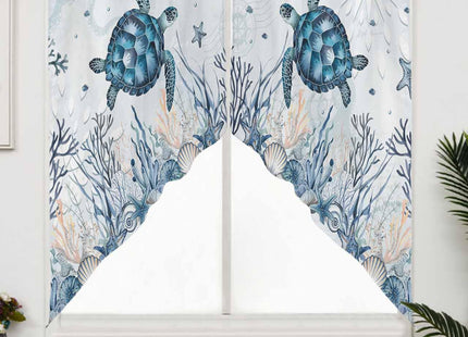 Lsrtoss Blue Sea Turtle Swag Valances for Windows, Kitchen Curtains 36 Inch Length 2 Panels Set, Beach Coastal Nautical Ocean Coral Short Curtain for Small Windows Rod Pocket Cafe 28"x36"