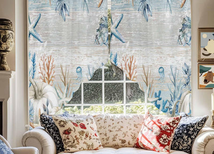 Fall Coastal Swag Valances Kitchen Curtains 36 Inches Length,Thanksgiving White Pumpkin Tier Drapes Swag Topper,Blue Ocean Starfish Coral Short Window Treatments for Small Window Cafe 2 Panels 28"x36"