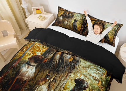 Erosebridal Pheasant Hunting Duvet Cover Twin Size Black Dog Bedding Set Boho Farmhouse Wild Animals Comforter Cover Woodland Leaves Hunter Gun Room Decor Quilt Cover for Men Boys Adults Kid