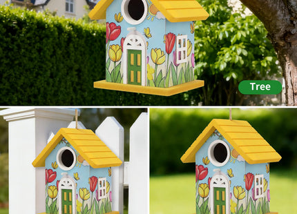 Wooden Bird Houses Bird House for Outside Yellow Wood Bird House for Outdoors,Handmade Painted Tulips Bird Houses for Garden Blue Bird Hummingbird Wren Cardinal Swallow Sparrow Finch Chickadee