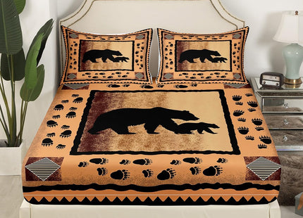 Lodge Cabin Bed Sheet Set Wild Bear Animal Paw Print Decor Bedding Set Retro Gradient Stripes Buffalo Sheets Country Style Flat Sheet for Kids Teens Adults Twin Size 3 Pieces