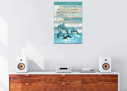 Dolphin Decor Wall Art, Blue Coastal Dolphins Pictures Wall Decor, Nautical Ocean Canvas Prints, Framed Artwork Paintings Home Office Decorations for Bathroom, Kitchen, Bedroom, Living Room 16"x24"