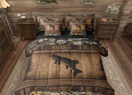 Erosebridal 7 Pieces Kids Camo Pike Fish Comforter Set for Teens Adults - Queen Size Rustic Hunting and Fishing Bedding Set Country Farmhouse Cabin Bed in A Bag Rural Woodland Wild Animal Quilt Sets