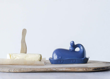 Creative Co-Op Stoneware Whale Butter Dish with Embossed Wave Detail, Navy Finish