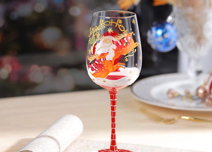 NymphFable Santa Reindeer Hand-Painted Wine Glass Christmas Gift, 15 oz