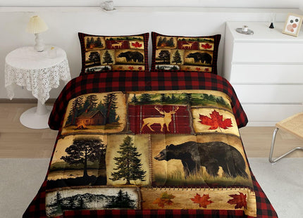 Bear Cabin Plaid Comforter Set Queen, Rustic Farmhouse Bedding Comforter Sets, Retro Hunting Deer Bedding, Country Woodland Pine Tree Duvet Set, Maple Leaf Lodge Decor Down Comforter, Red Black Brown