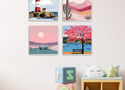 MXJSUA 4 Pack Lighthouse Landscape Paint by Numbers Kit with Framed Canvas for Ages 6-12 Kids, Paint by Numbers Kits for Children Beginners, Acrylic Oil Painting for Home Wall Decor Gift (8x8 inch)