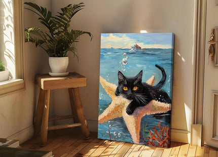 Yaneiro Funny cat canvas wall art, bathroom wall decor Starfish Cat A 16x24 inch Wrapped Canvas