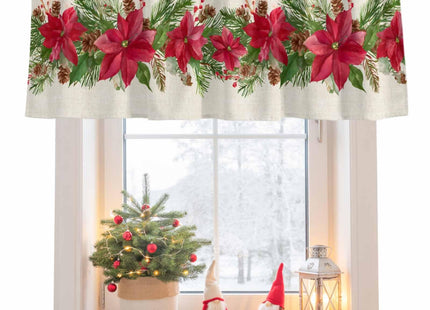 Merry Christmas Red Poinsettia Kitchen Curtain Valance, Window Curtain Valance Rod Pocket, 1 Panel Small Valances Window Treatment for Bathroom Living Room Cafe (54x18in Green Pine Tree Leaves)