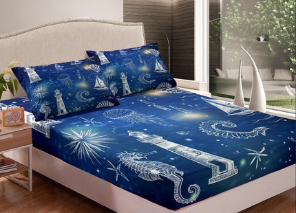 Lighthouse Bed Sheets Blue Ocean Theme Sketch Fitted Sheet for Kids Boys Teens,Nautical Sailboat Bedding Sets Steering Wheel Submarine Sea Horse Bedding Decor Set Shell Fish Starfish Room Decor Full
