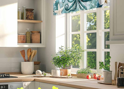 Nautical Coastal Valance for Windows, Beach Sea Octopus Starfish Floral Ocean Rod Pocket Curtain Valances for Living Room Bathroom Underwater World Window Treatment Valances 42"W x 12"L, 1 Panel