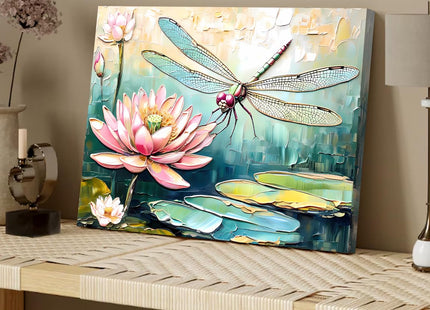 Framed Dragonfly Wall Art,Dragonfly Lotus Floral Oil Painting Wall Art