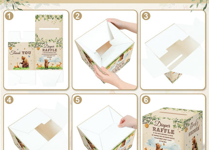 LANLISA Woodland Theme Baby Shower Games, Woodland Animals Diaper Raffle Card Box with Tickets for Baby Shower Party Decorations