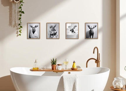 OFJE Funny Moose Wall Art Decor Prints, Black and White Moose Posters Pictures Wall Decor for Bathroom Washroom,Rustic Retro Wall Decorations Humor Animals Artwork Prints,8x10inchx4pcs,Unframed,PJ1096