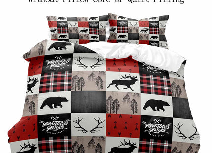 LUVIVIHOME 3PCS Christmas Duvet Cover Full, Cabin Rustic Bedding, Holiday Xmas Gifts Black Bear Moose Elk Deer Lodge Quilt Patchwork Bedspread Red Buffalo Check Plaid Comforter Cover, 2 Pillow Shams
