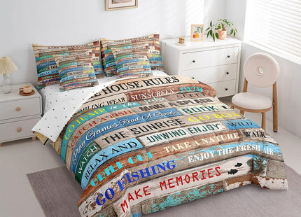 Erosebridal Lake House Rules Comforter Set for Camper,Lake Themed Bed in A Bag Full,Farm Wooden Camping Cabin Lodge Decor(1 Comforter,2 Pillowcases,1 Flat Sheet,1 Fitted Sheet,2 Throw Pillow Covers)