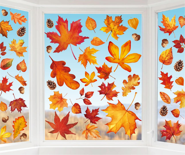 Whaline 9 Sheet Fall Window Clings Watercolor Orange-Brown Maple Leaves Pine Cone Acorn Double-Sided Reusable Windows Decals for Autumn Thanksgiving Home Windows Glass Holiday Decor