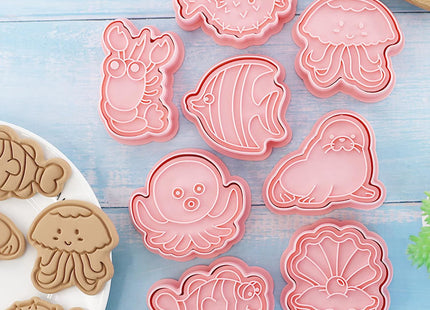 16Pcs Ocean Animal Cookie Cutters with Plunger Stamps Set, Fish, Dolphin, Starfish Plastic Biscuit Cutters, Sea Themed DIY Embossing Cutter for Biscuit Cookie Fondant Cheese Baking (F16)
