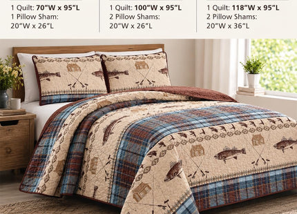 River Fly Fishing Rustic Cabin Lodge Quilt Bedspread Bedding Set with Fishing and Southwestern Plaid Tweed Patterns Blue Brown - River Lodge (King / Cal-King)