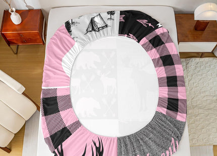 Rustic Camping Sheet Set For Boys, Hunting Elk Deer Bed Sheets Full Size Buffalo Plaid Patchwork Fitted Sheet + Lodge Woodland Farmhouse Flat Sheet For Kids Teens Adult Bedroom Decor,Pink Black Grey