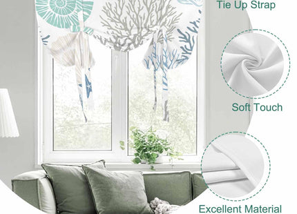 Ocean Coral Starfish Tie Up Window Shade Curtain,Nautical Coastal Shell Tie Up Curtain for Kitchen Windows,Marine Sealife Adjustable Valance Balloon Curtains,Blue Teal White Rod Pocket Panel 52x45in