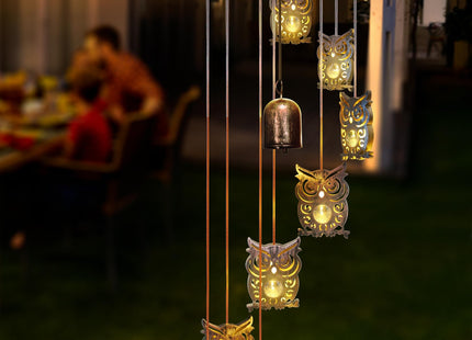 8 LED Solar Upgrade Owl Wind Chimes, Outdoor, Warm LED Owl Decor
