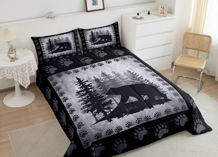 Rustic Bear Kids Comforter Set Toddler Size,Wild Animal Pine Trees Retro Bedding Set for Boys Men,Grid Plaid Hunt Cabin Decor Quilt Set Bear Paw Print Polyester Duvet Set with 1 Pillowcase, Gray