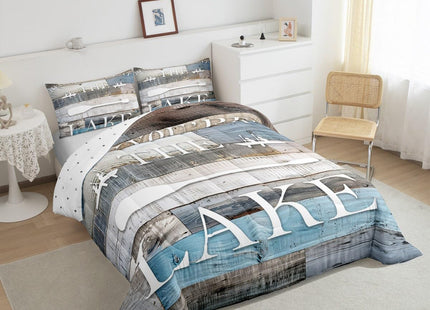 Homewish Lake House Comforter Set Rustic Farmhouse Bedding Set Queen Size Retro Wooden Blue Grey Quilt Set 3pcs Kids Adults Men Teens Cabin Room Decor,Lake Life White Cabin Bedspread,2 Pillowcases
