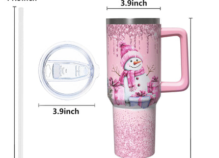 ZNYYZYBA 40 oz Christmas Tumbler with Handle and Straw, Stainless Steel Insulated Snowman Tumbler 40 oz, Reusable Pink Snowman Cup with Leak Proof Lid, Christmas Gifts for Women