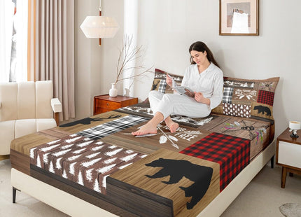 Retro Cabin Bed Sheet Rustic Adventure Bear Deer Fitted Sheet Hunting Wildlife Wild Animal Bedding Sets Plaid Lodge Farmhouse Fitted Bed Sheets Western Country Comforter + 1 Pillow Case, Twin Size