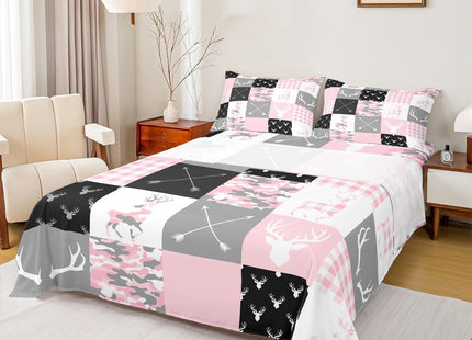 Camo Kids Sheet Twin,Deer Antler Silhouette Pink Camouflage Bedding Set for Boys Girls New Year Xmas Decor,Wild Animals Rustic Arrow Geometric Lattice Bed Sheet Set 3pcs(Fitted + Flat + 1 Pillowcase)