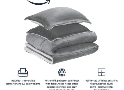 Amazon Basics 3-Piece Down Alternative Micromink Sherpa Bedding Set, Ultra-Soft, Warm All Season Comforter, Machine Washable, King, Charcoal