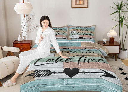 Erosebridal Lake House Decor Comforter Set, Rustic Wooden Barn Quilt Twin, Retro Country Farmhouse Duvet Insert for Kids Boys Teens Adult, Grunge Arrows Love Heart Bedding Comforters, Green Brown