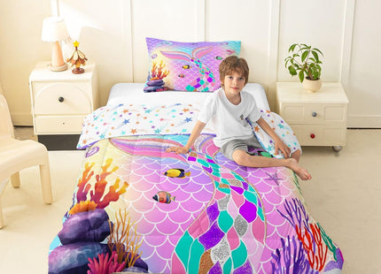 Erosebridal Mermaid Bedding Twin,Little Twin Sets for Girls,Nautical Sea Animal Comforter Set Glitter Tail Quilt,Ocean Starfish Coral Fish Duvet Insert Blue Purple Teal Kawaii Room Decor