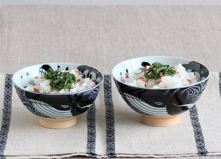 Minoru Touki White Wave Whale Blue Ceramic Rice Bowl Small Set of 2 φ4.4×H2.4in 11.29oz