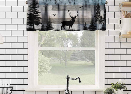 JanJCurt Rustic Deer Valance, Retro Cabin Farmhouse Country Blue Brown Wooden Wild Animals Deer Bird Print Blackout Window Valance for Living Room Bedroom Kitchen, 54x18inch