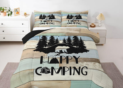 Erosebridal Kids Woodland Bear Bedding Set Happy Camping Camper Twin Comforter Set for Travel Trailers Rv Bunks Camper Quilt Set Rustic Farmhouse Barn Door Duvet Insert 1 Pillow Case Green Blue