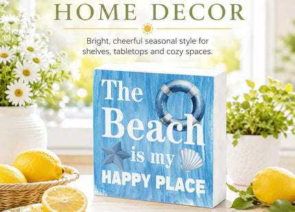The Beach Is My Happy Place Wood Box Sign for Beach Lovers, Coastal Summer Home Decor, Starfish Seashell Tabletop Decoration for Beach House, Office Desk, Bathroom Shelf