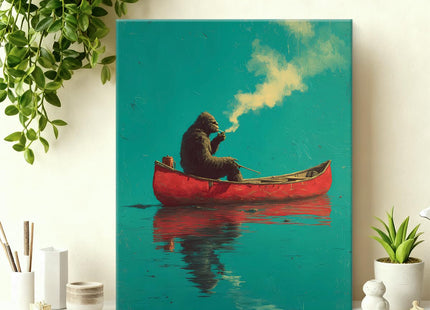 YJIKRTVT Funny Bigfoot Wall Art, Sasquatch in Red Canoe Painting, Whimsical Sasquatch Lake Canvas Print, Humorous Outdoor Adventure Wall Decor for Cabin Lake House 8x10 Inches